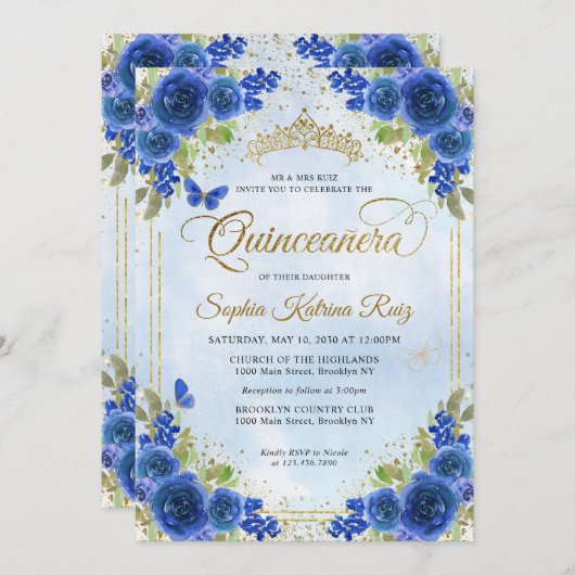 Elegant Floral Navy Blue Gold Tiara Quinceañera Einladung (Vorne/Hinten)