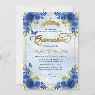 Elegant Floral Navy Blue Gold Tiara Quinceañera Einladung