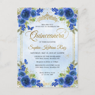 Elegant Floral Navy Blue Gold Tiara Quinceañera Postkarte