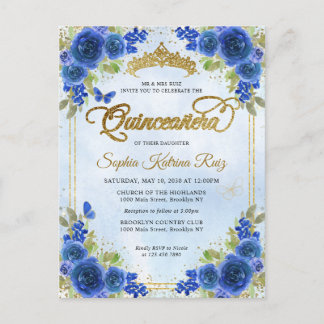 Elegant Floral Navy Blue Gold Tiara Quinceañera Postkarte