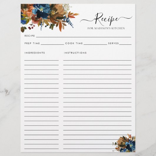 Elegant Floral Navy Blue Terracotta Küche Rezept (Vorderseite)