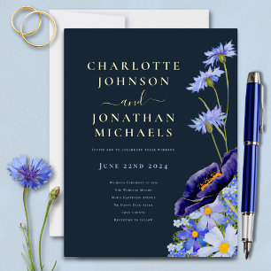 Elegant Floral Navy Blue und Gold Folie Einladungspostkarte