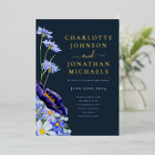 Elegant Floral Navy Blue und Gold Folieneinladung (Stehend vorne)