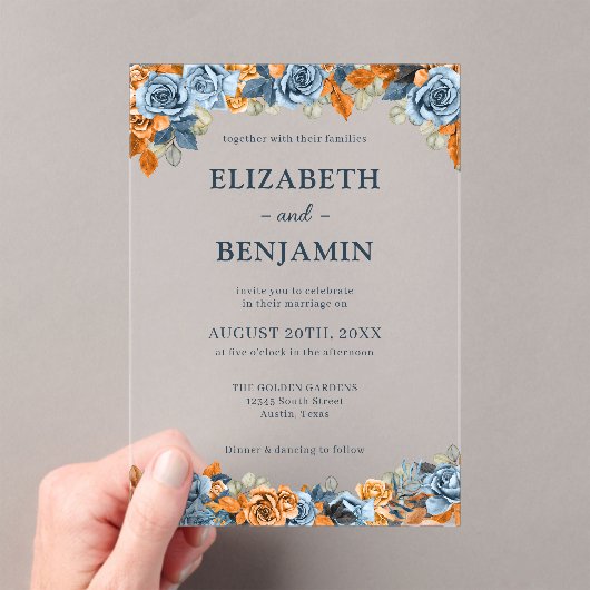 Elegant Floral Navy Rust Dark Terracota Hochzeit Acryleinladungen (Insitu (Handheld))