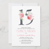 Elegant Floral Number 15 Pink QR Quinceañera Einladung (Vorderseite)