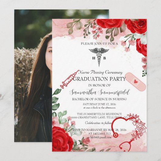 Elegant Floral Nursing Graduation Invitation | Red Einladung (Vorne/Hinten)