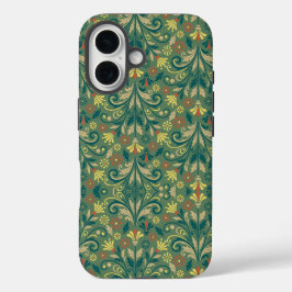 Elegant Floral Pattern in Yellow and Red on Green iPhone 16 Hülle