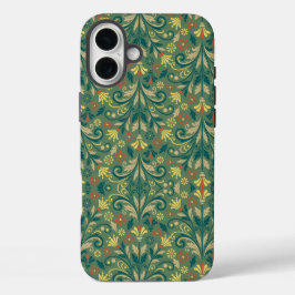 Elegant Floral Pattern in Yellow and Red on Green iPhone 16 Plus Hülle