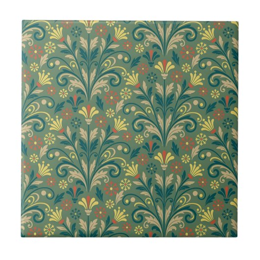 Elegant Floral Pattern in Yellow and Red on Green Fliese (Vorderseite)