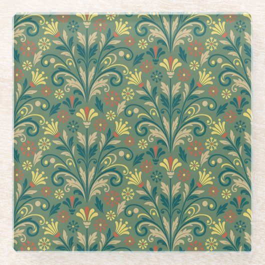 Elegant Floral Pattern in Yellow and Red on Green Glasuntersetzer (Vorderseite)