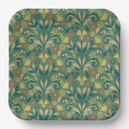 Elegant Floral Pattern in Yellow and Red on Green Pappteller