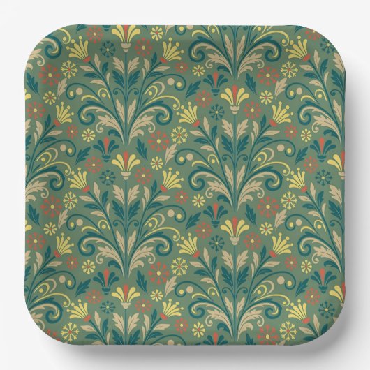 Elegant Floral Pattern in Yellow and Red on Green Pappteller (Vorderseite)