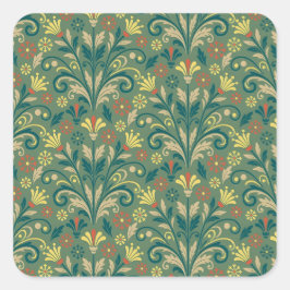 Elegant Floral Pattern in Yellow and Red on Green Quadratischer Aufkleber