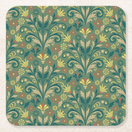 Elegant Floral Pattern in Yellow and Red on Green Rechteckiger Pappuntersetzer