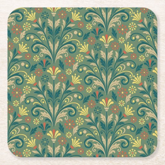 Elegant Floral Pattern in Yellow and Red on Green Rechteckiger Pappuntersetzer (Vorderseite)