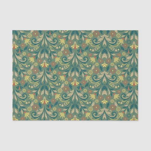 Elegant Floral Pattern in Yellow and Red on Green Seidenpapier (Vorderseite)