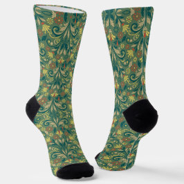 Elegant Floral Pattern in Yellow and Red on Green Socken