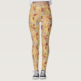 Elegant Floral Pattern with Red and Blue Leaves Leggings