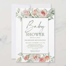 Elegant Floral Peony Greenerity Script Baby Shower Einladung