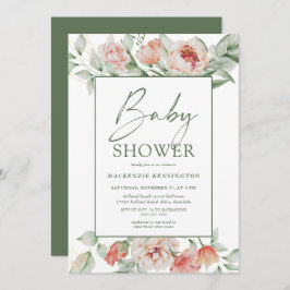 Elegant Floral Peony Greenerity Script Baby Shower Einladung