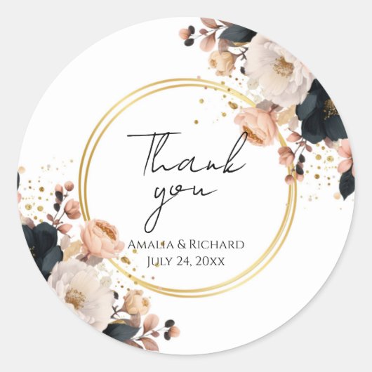 Elegant Floral Personalized “Thank You” Wedding Runder Aufkleber (Vorderseite)