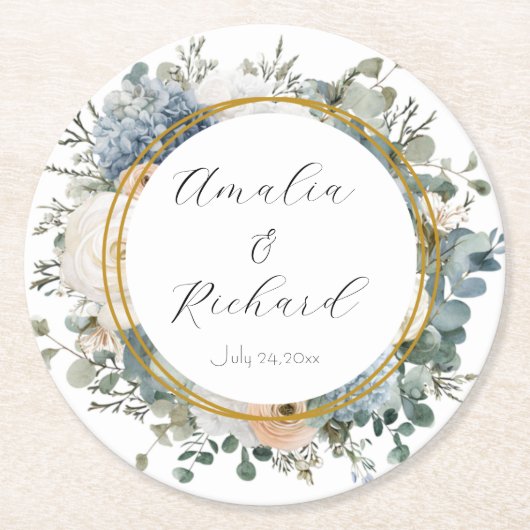 Elegant Floral Personalized Wedding Coasters Runder Pappuntersetzer (Vorderseite)