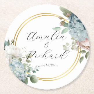Elegant Floral Personalized Wedding Coasters Runder Pappuntersetzer