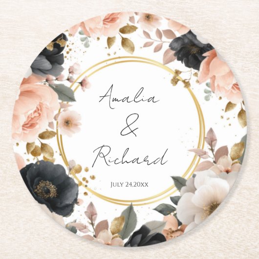 Elegant Floral Personalized Wedding Coasters Runder Pappuntersetzer (Vorderseite)
