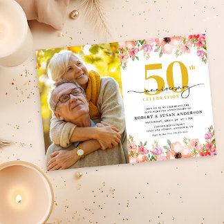Elegant Floral Photo 50th Wedding Anniversary Einladung