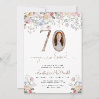 Elegant Floral Photo 70th Birthday Einladung