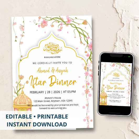 Elegant Floral Pink and Gold Iftar Dinner Ramadan  Einladung