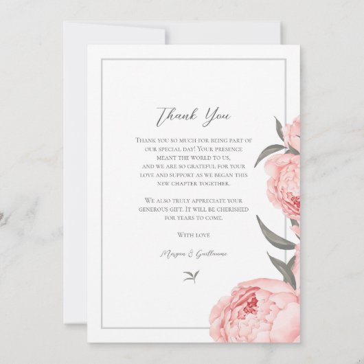 Elegant Floral Pink Peony Flat Thank You Card Dankeskarte (Rückseite)