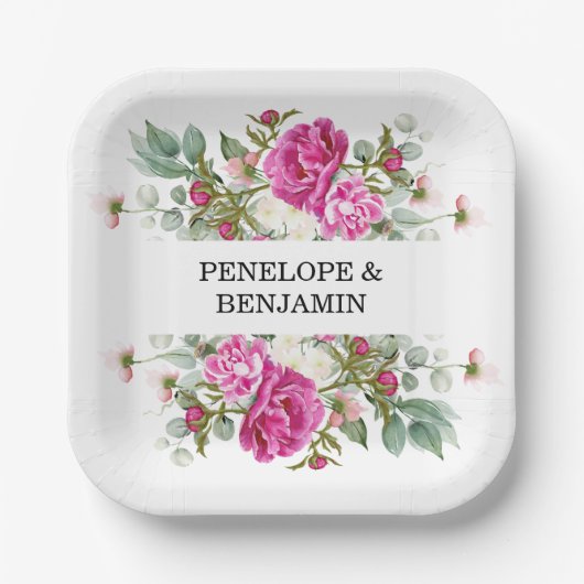 Elegant Floral Pink Peony Monogram Wedding Pappteller (Vorderseite)