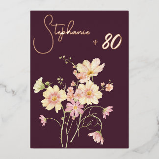 Elegant Floral Plum Blush 80th Birthday Rose Gold  Folieneinladung