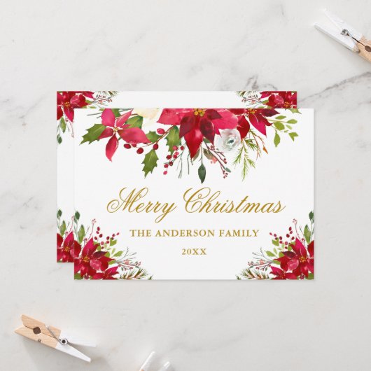 Elegant Floral Poinsettia Gold Weihnachten Karte (Vorderseite/Rückseite Beispiel)