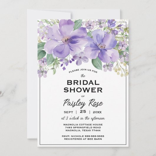 Elegant Floral Purple Bridal Shower Einladung (Vorderseite)