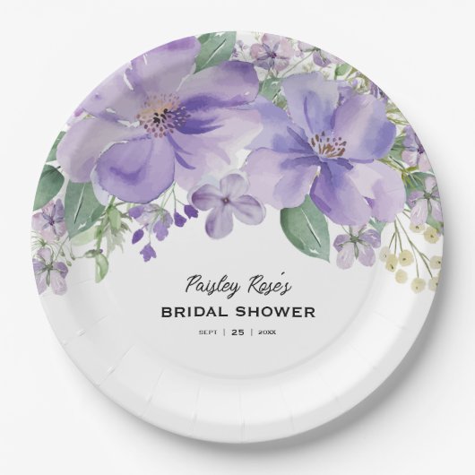 Elegant Floral Purple Bridal Shower Pappteller (Vorderseite)