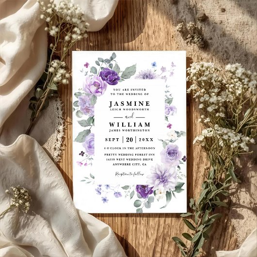 Elegant Floral Purple Rustic QR Code Wedding Einladung