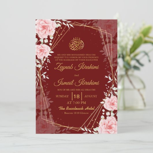 Elegant Floral Red Gold Islamic Muslim Wedding Einladung (Stehend Vorderseite)