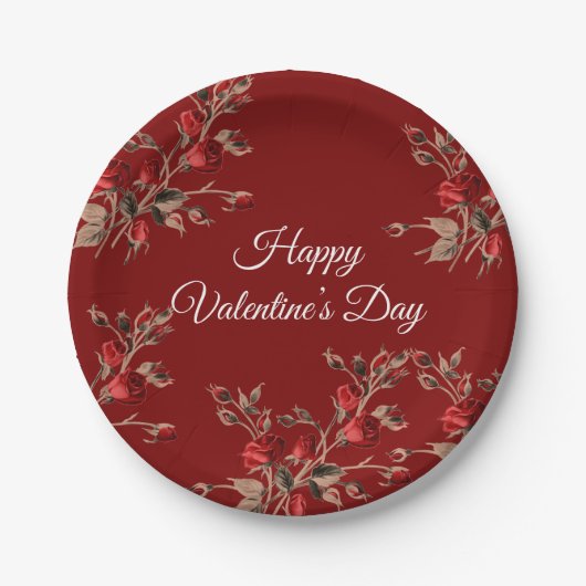 Elegant Floral Red Happy Valentine’s Day Pappteller (Vorderseite)