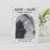 Elegant Floral Rose Black White Wedding Save The Date (Stehend Vorderseite)