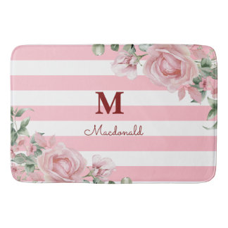 Elegant Floral Rose Striped Monogram Badematte