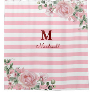 Elegant Floral Rose Striped Monogram Duschvorhang