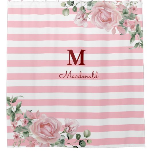 Elegant Floral Rose Striped Monogram Duschvorhang (Vorderseite)