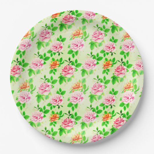 Elegant Floral Roses Green Leaves Pattern-23675 Pappteller (Vorderseite)