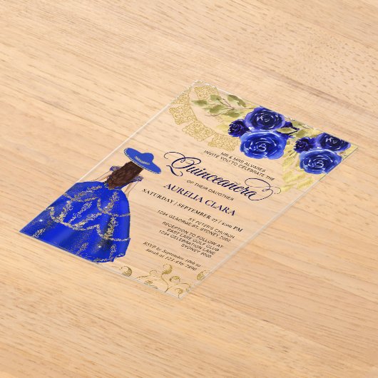 Elegant Floral Royal Blue Mexican Quinceañera Acryleinladungen (Ablage )