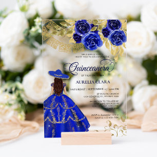 Elegant Floral Royal Blue Mexican Quinceañera Acryleinladungen