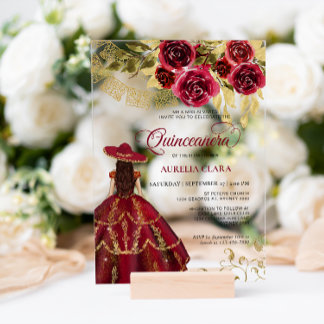 Elegant Floral Ruby Red Charra Quinceañera Acryleinladungen