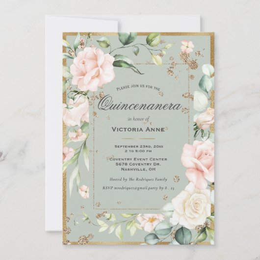 Elegant Floral Sage Green Gold Quinceanera Einladung (Vorderseite)