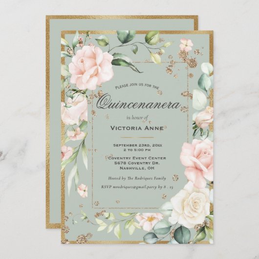 Elegant Floral Sage Green Gold Quinceanera Einladung (Vorne/Hinten)